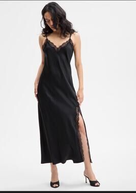 State of Day Black Lace Trim Satin Chemise Nightgown Size M New